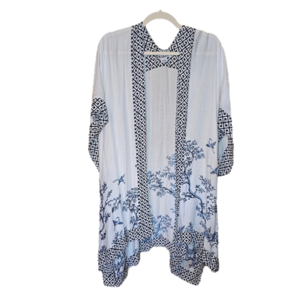 LORENCE Broadhurst Crane and tree print white and blue kimono OSFM